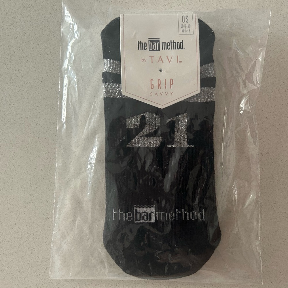 Tavi + The Bar Method Grip Socks with Silver Stripes